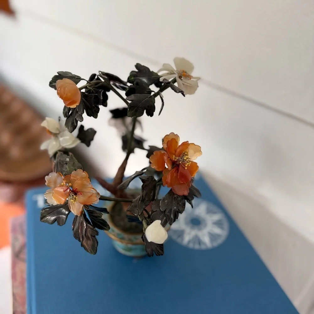 Vintage Chinese Carved Hardstone Flowering Bonsai in a Cloisonne Plant Pot jade
